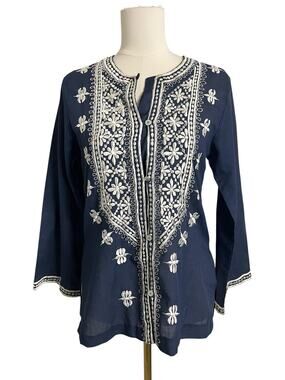 Navy White Embroidered Boho Tunic Blouse Cottagecore Peasant Top Small